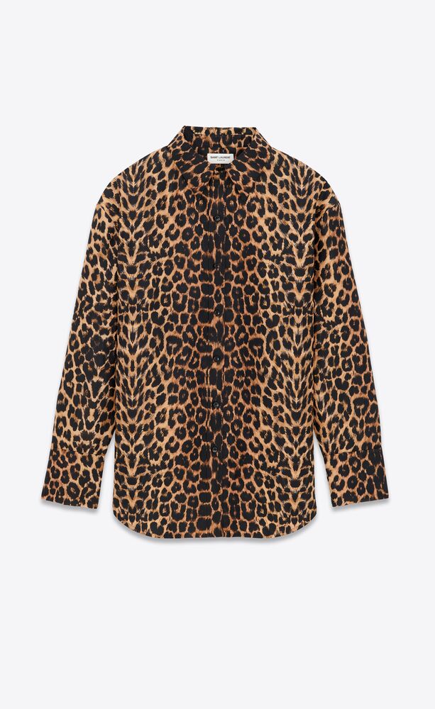 camicia oversize in taffettà di seta leopardato