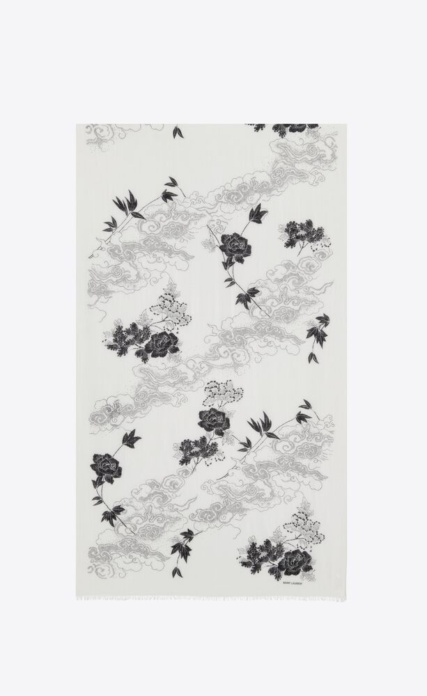 floral and cloud-print scarf in wool