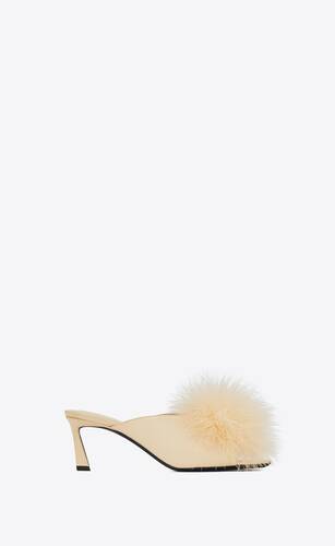 mae mules in crepe satin with feathers
