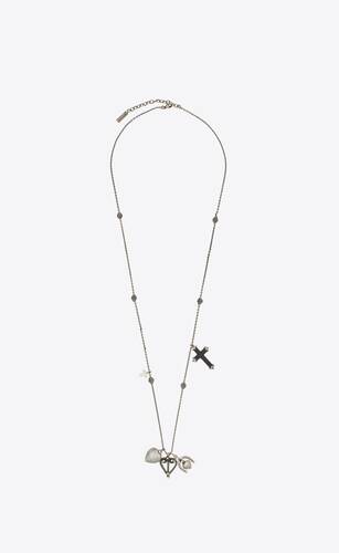 long multi-charm necklace in metal, onyx and mother of pearl