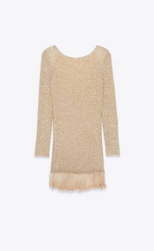 midi dress in sequined knit and feathers