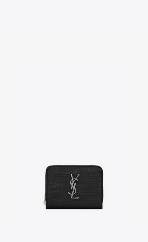 kompakte brieftasche mit reißverschluss aus schwarzem, glänzendem leder mit krokodilprägung