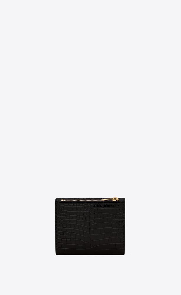 uptown compact wallet in crocodile-embossed shiny leather