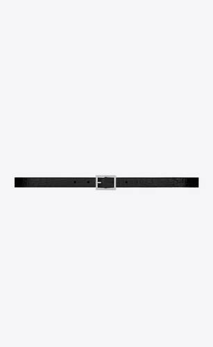 rectangular buckle thin belt in lacquered crocodile-embossed leather