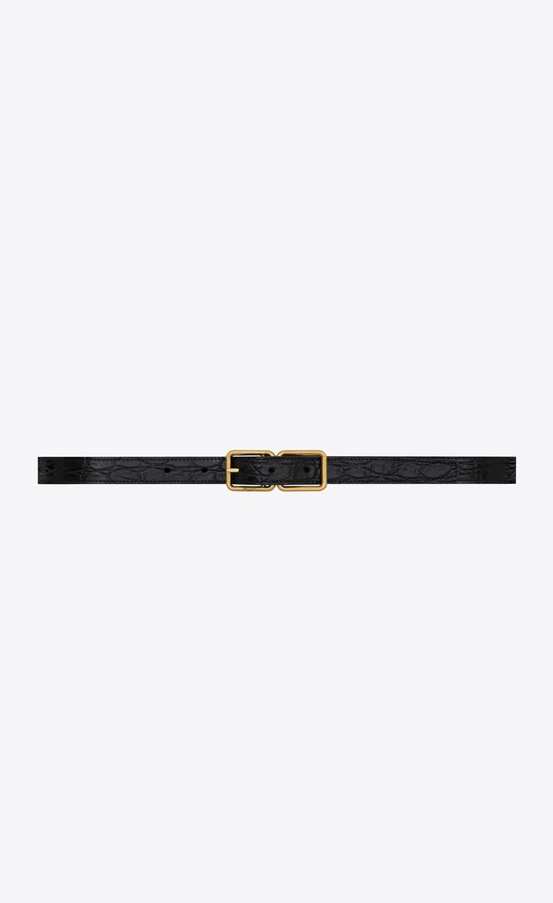 double cadre buckle thin belt in crocodile- embossed leather