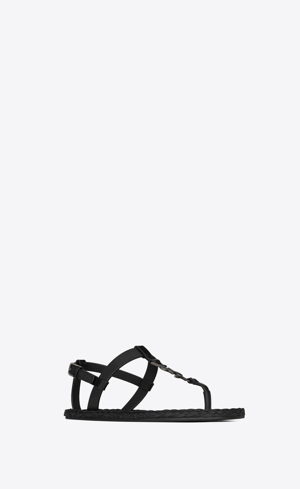 Cassandra flat sandals in smooth leather with silver-tone monogram | Saint Laurent | YSL.com