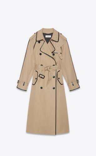 long trench coat in gabardine and leather