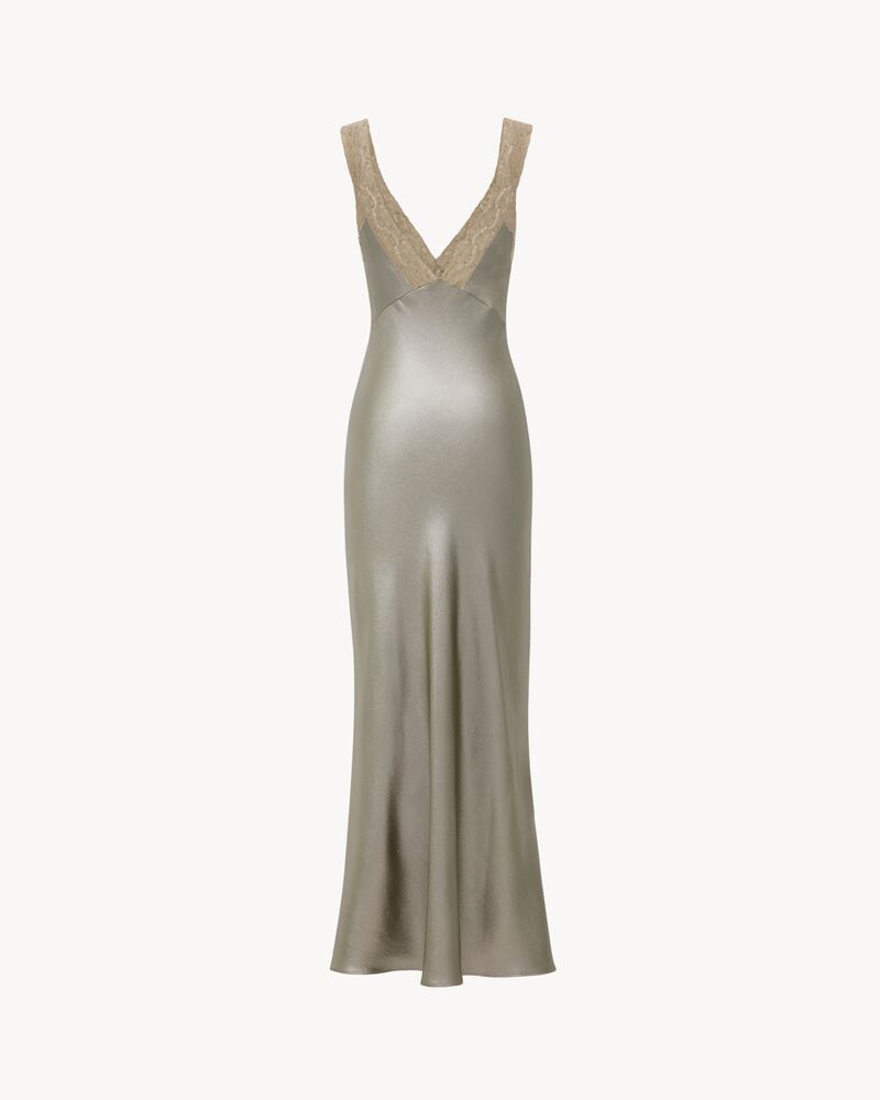 V-neck dress in silk charmeuse and lace
