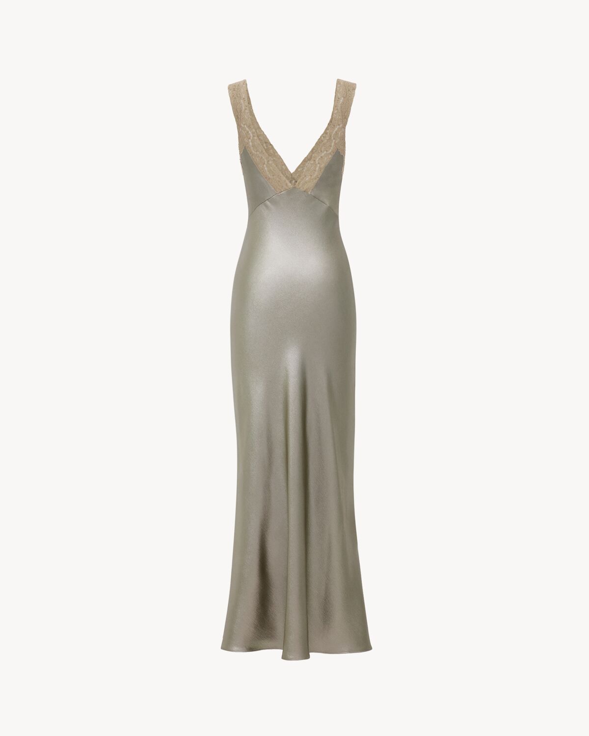 v-neck dress in silk charmeuse and lace