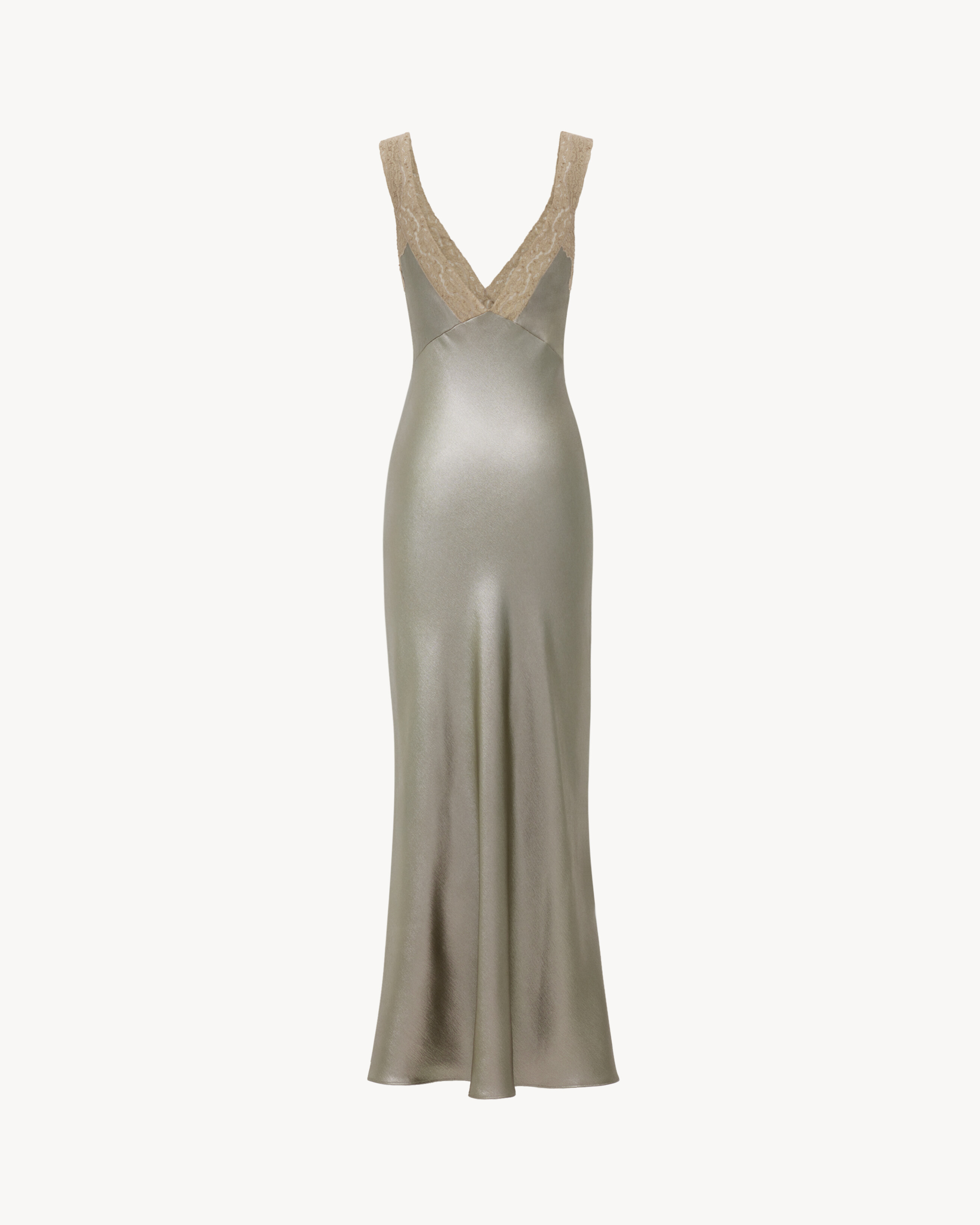 V-neck dress in silk charmeuse and lace
