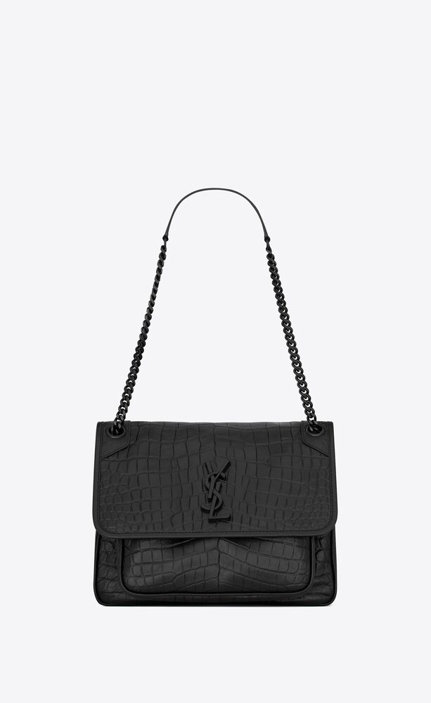 YVES SAINT LAURENT Niki Croc Embossed Leather Shoulder Bag Black