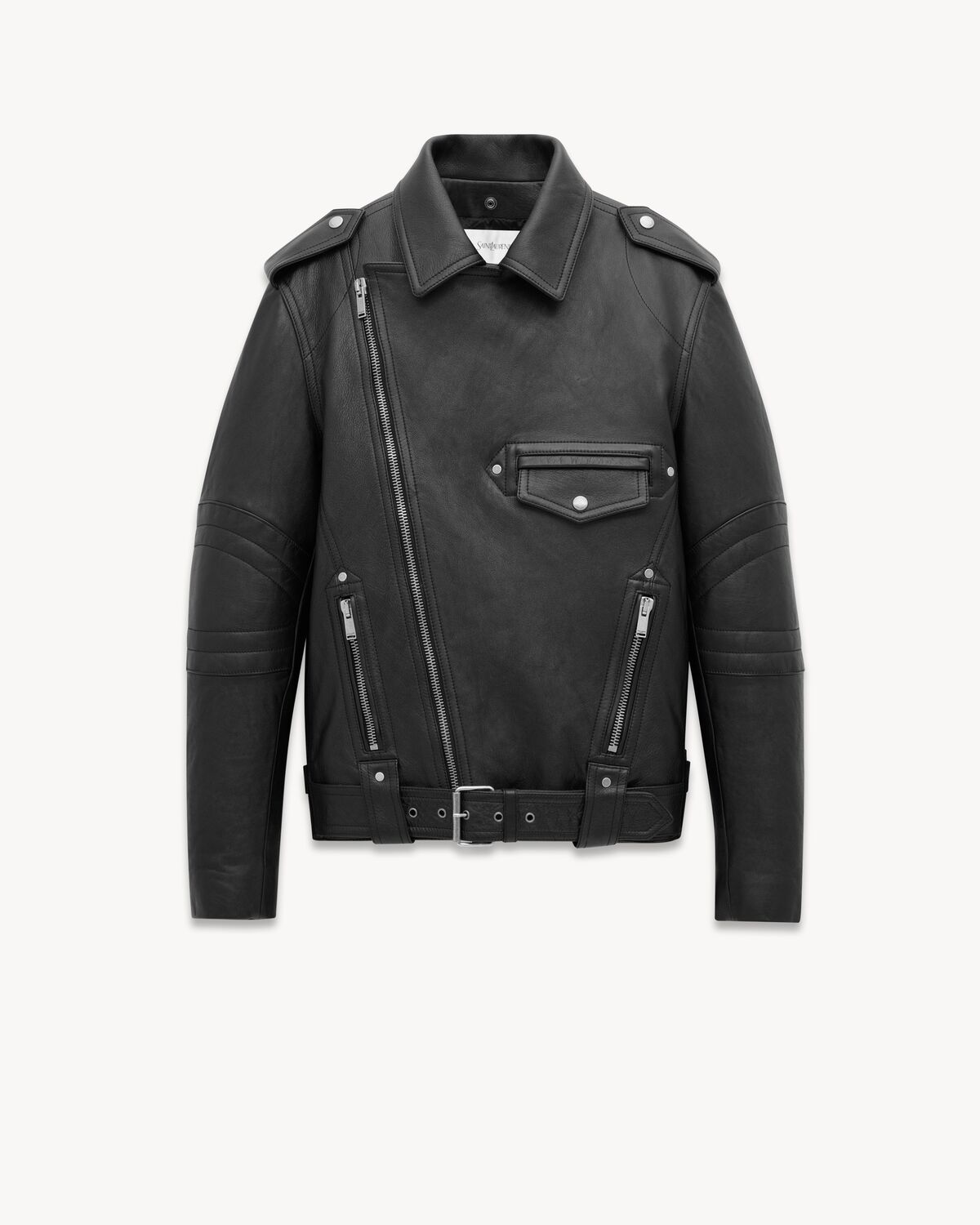 biker jacket in vintage leather and shearling