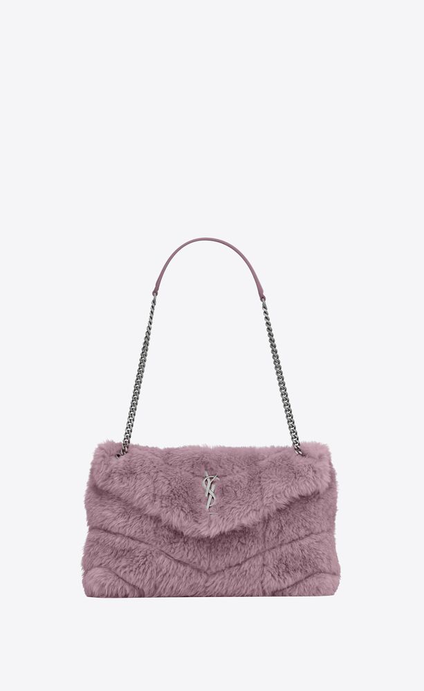 SAINT LAURENT Shearling Quilted Monogram Loulou Puffer Pouch Clutch Lilac  1243283