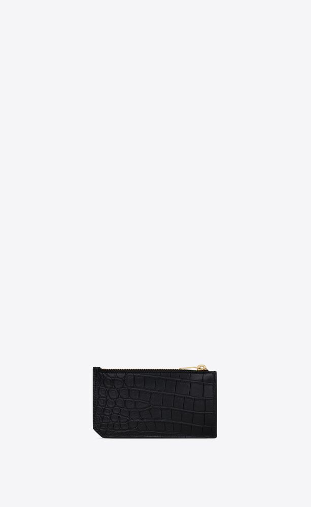 tiny cassandre fragments zip card case in crocodile-embossed matte leather