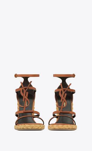 cassandra滑面植鞣皮革棕色monogram藤編坡跟鞋