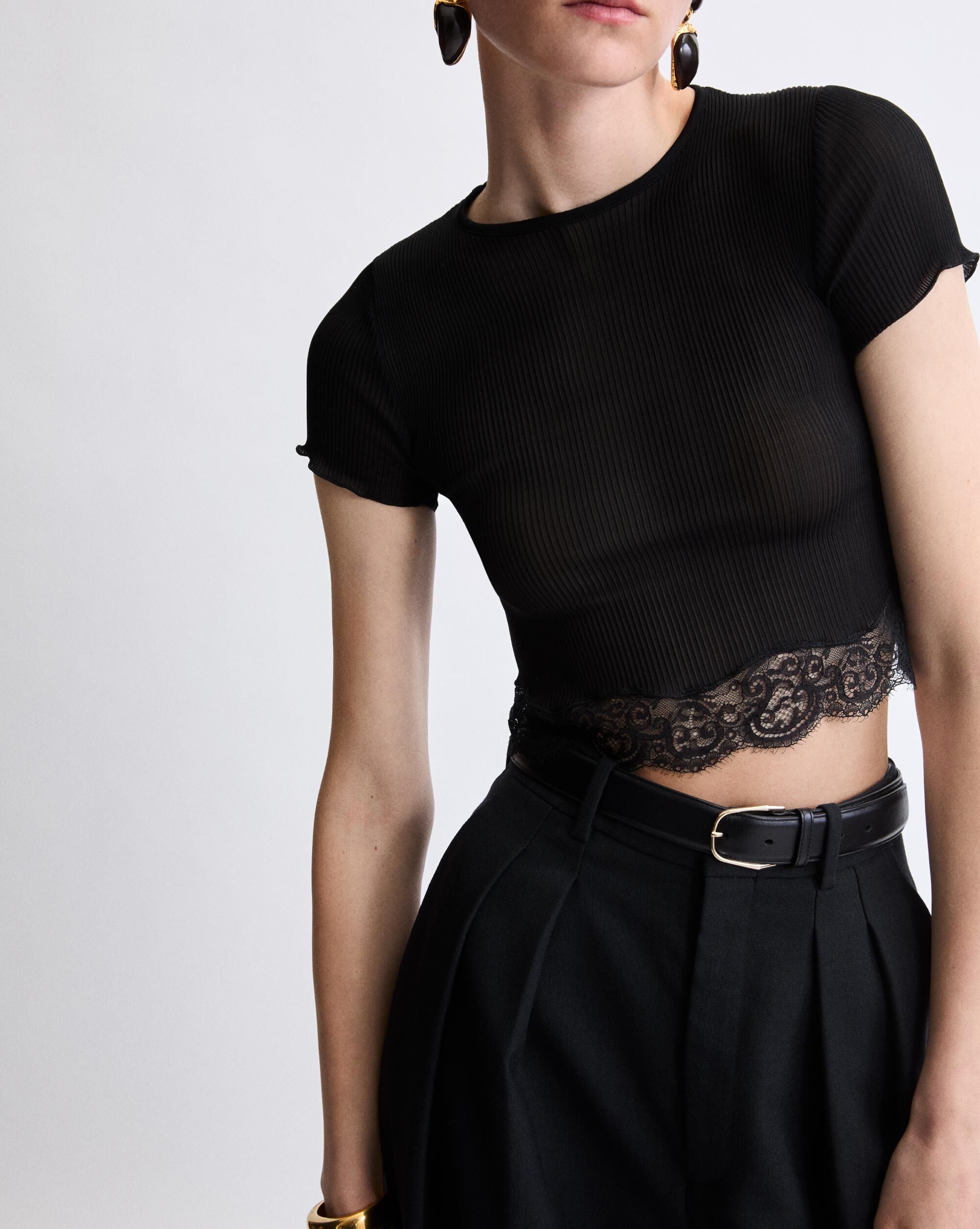 laced T-shirt in ribbed silk