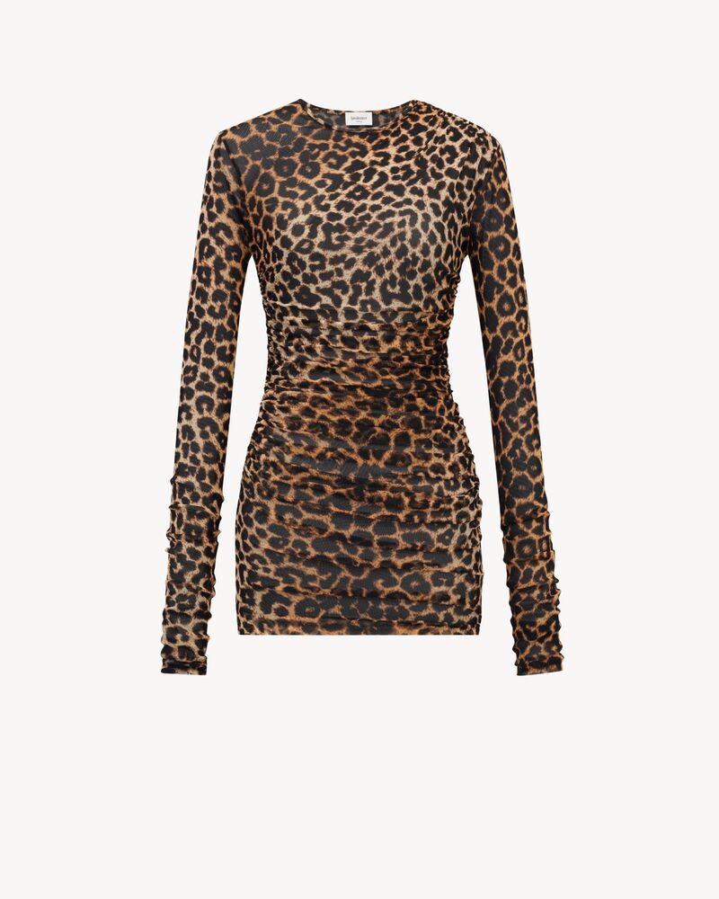 ruched mini dress in leopard tulle jersey