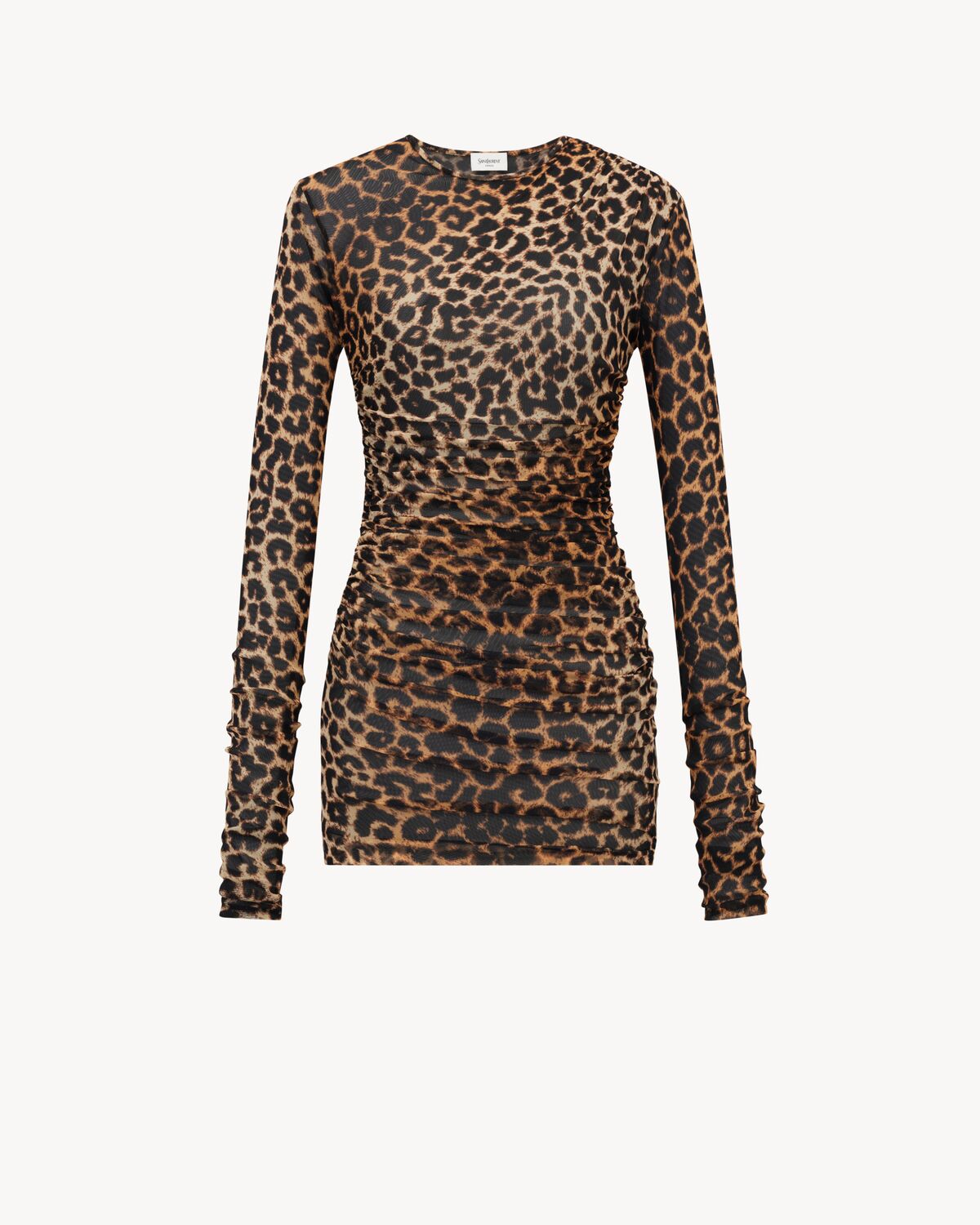 Saint Laurent - ruched mini dress in leopard tulle jersey