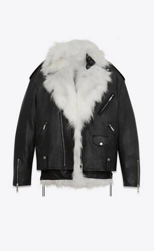 oversized motorcycle jacket in black leather with removable white fox lining