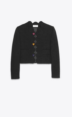 Saint Laurent Cropped Wool-blend Tweed Jacket in Grey Black Womens Jackets Saint Laurent Jackets 