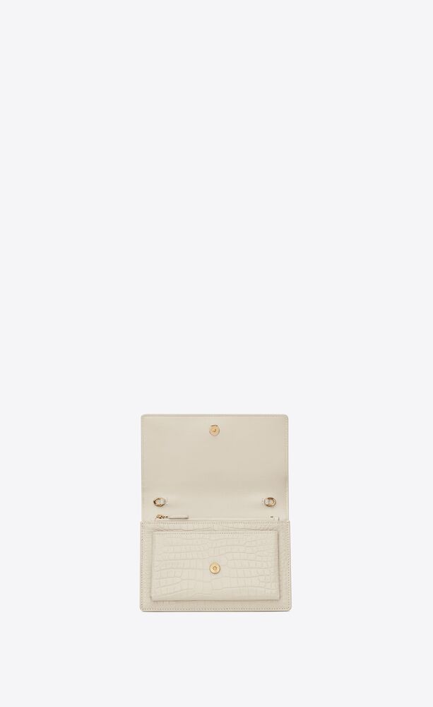 YSL Sunset Chain Wallet in Crocodile Embossed Leather in Fog