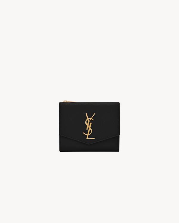 Saint Laurent Uptown Compact Wallet In Crocodile Embossed Shiny Leather Black Women