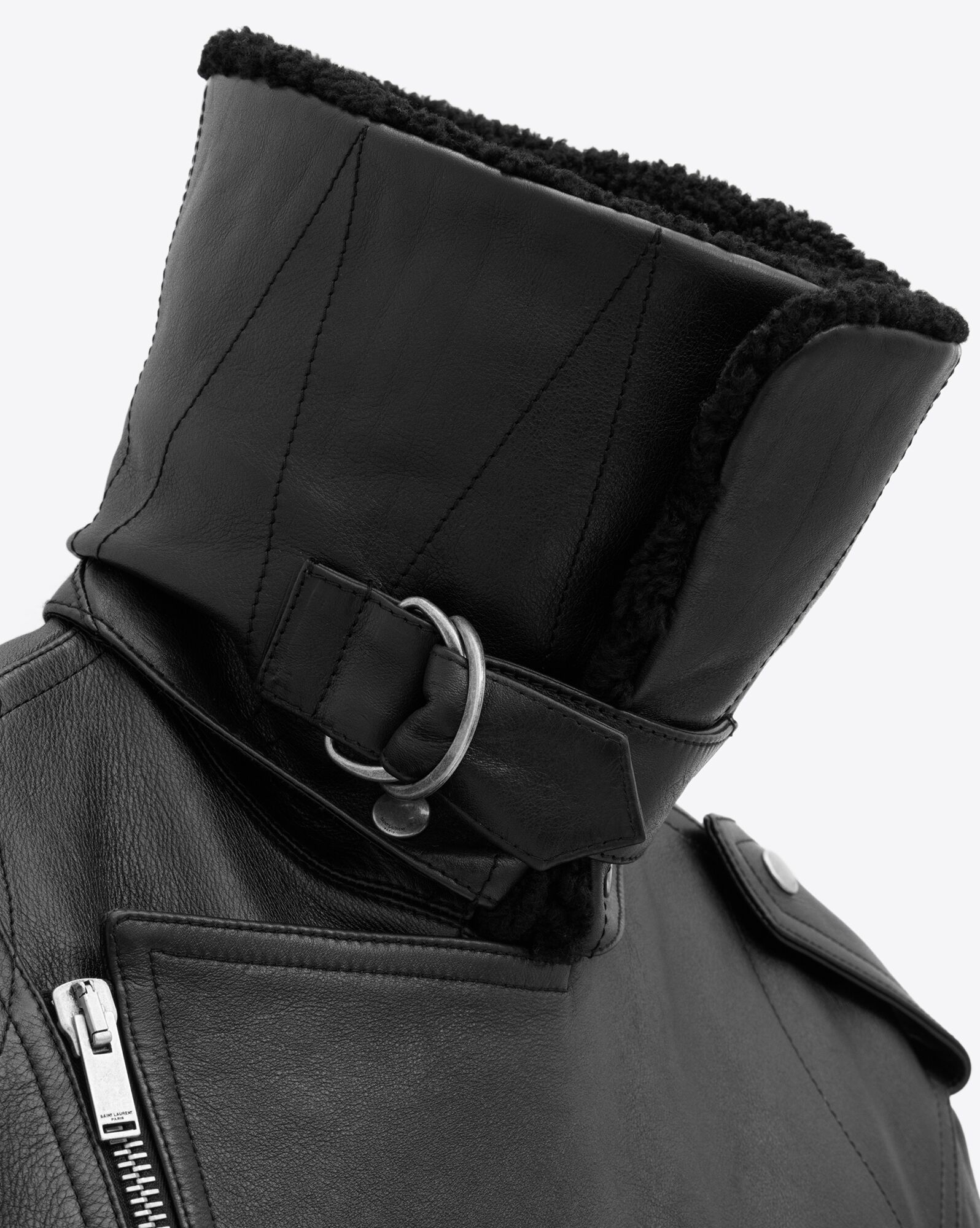 biker jacket in vintage leather and shearling