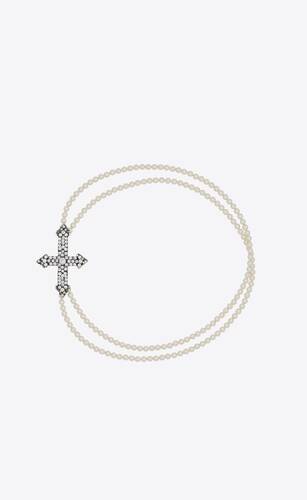 double row pearl necklace with cross in metal and crystal