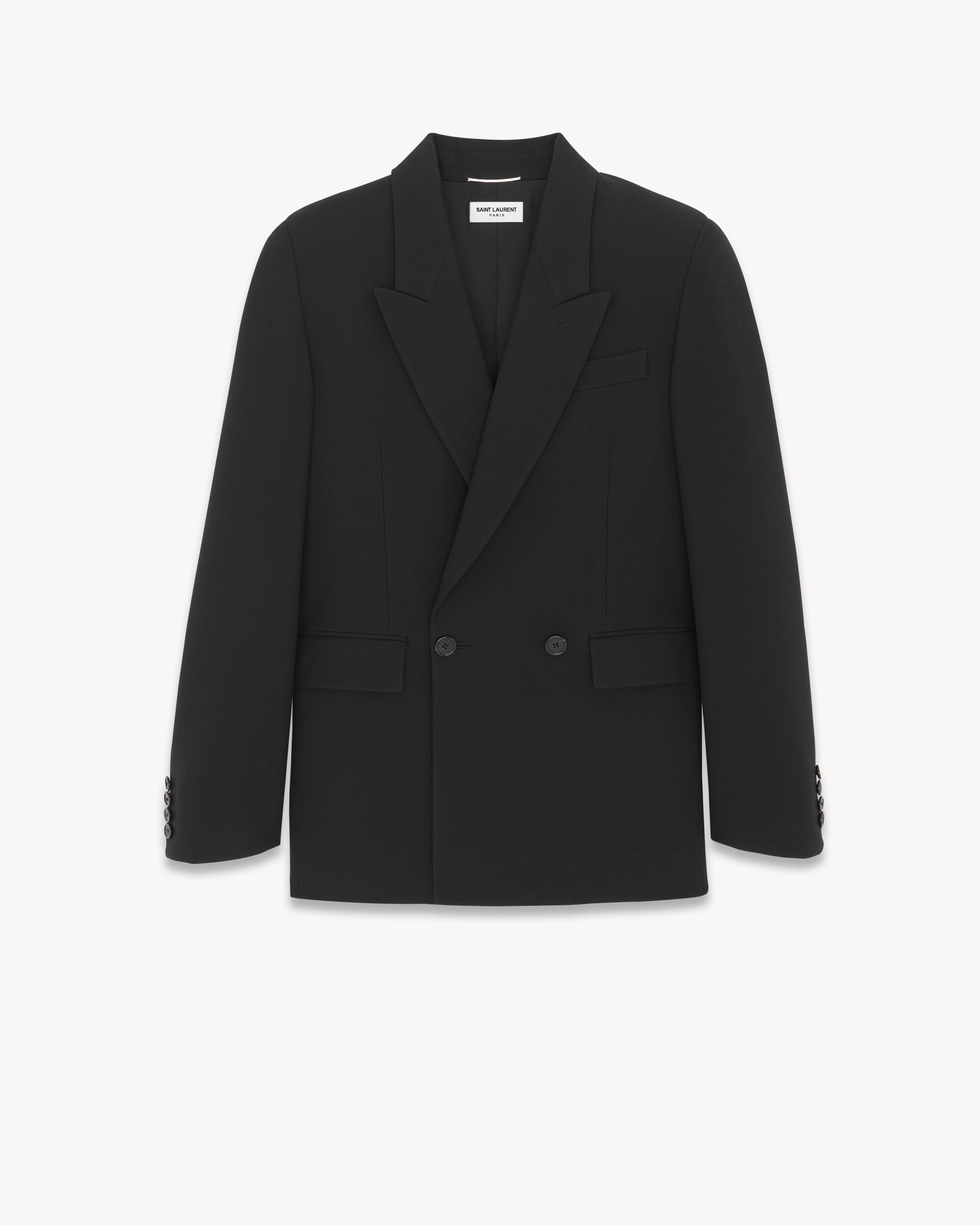 VESTE en gabardine de laine noire, rehaussée de cuir or,…