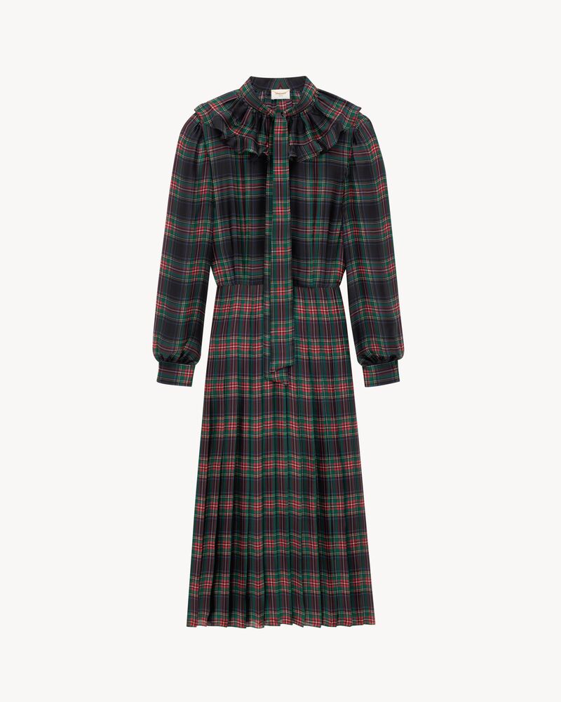 pleated dress in tartan silk charmeuse