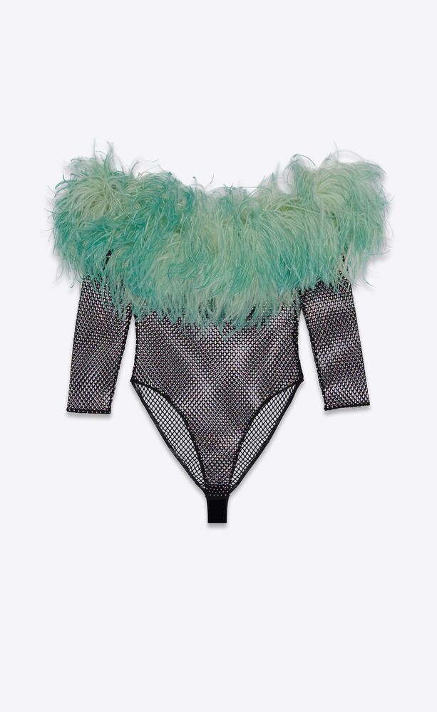 bodysuit in mesh and feathers