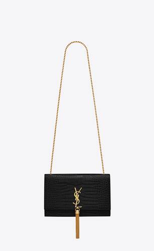 kate medium chain bag with tassel in crocodile-embossed shiny leather