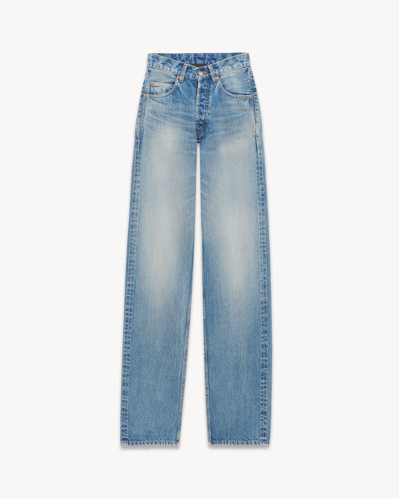 Jeans larghi e lunghi con vita a V in denim blu vintage
