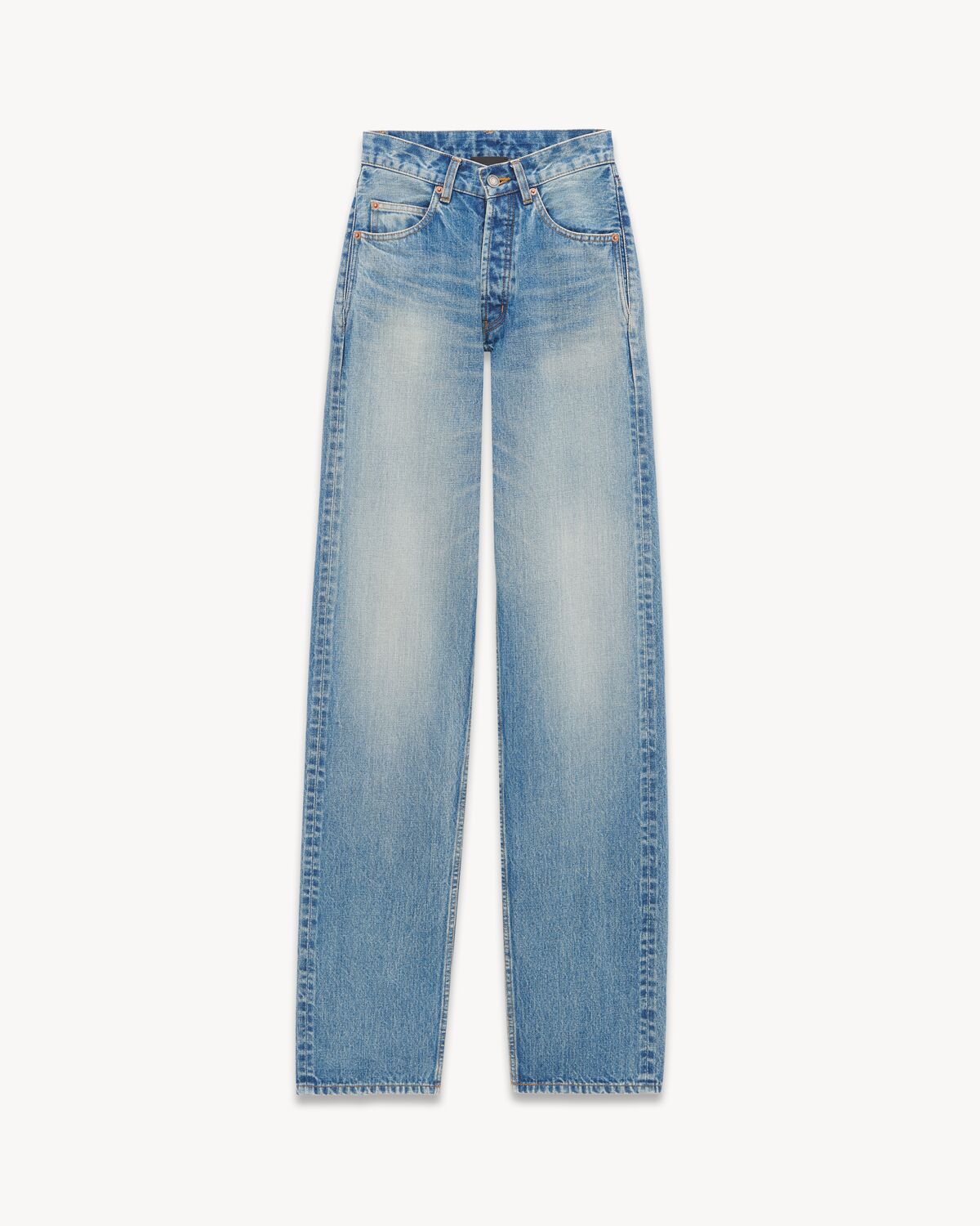 V-waist long baggy jeans in vintage blue denim