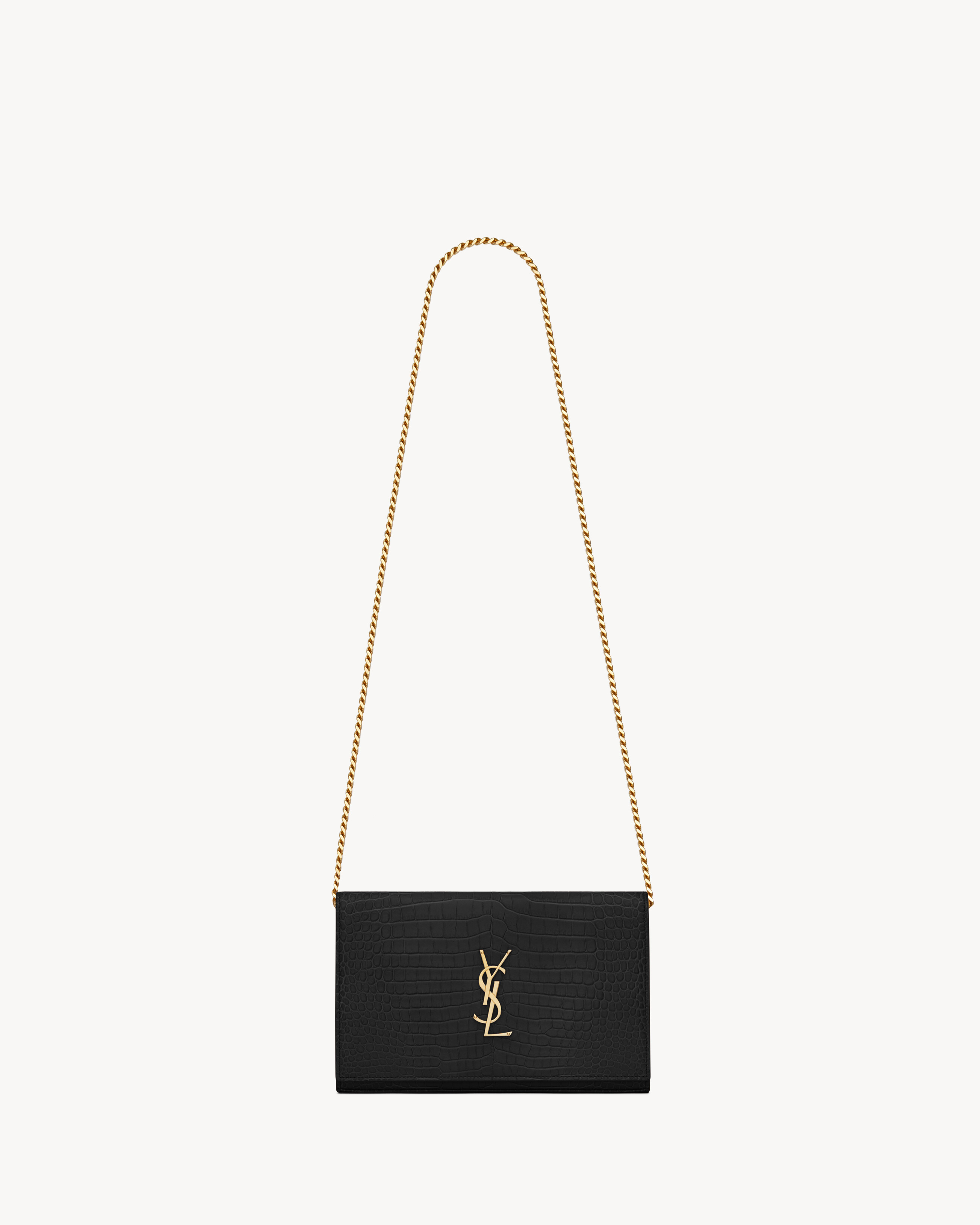 CASSANDRE chain wallet in crocodile-embossed shiny leather