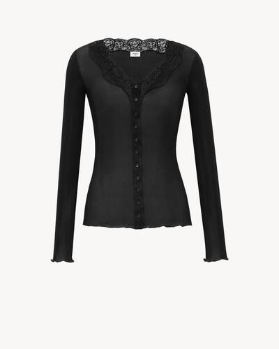 laced cardigan in ribbed silk in Black | Saint Laurent | YSL EN-CA