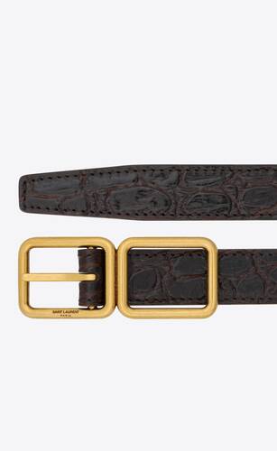 double-buckle thin belt in crocodile-embossed leather