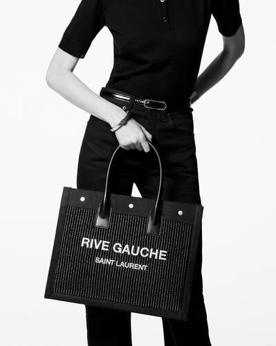 rive gauche small tote bag in raffia and leather