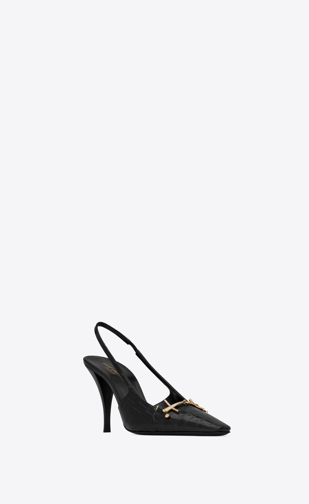 blade slingback pumps in crocodile-embossed patent leather
