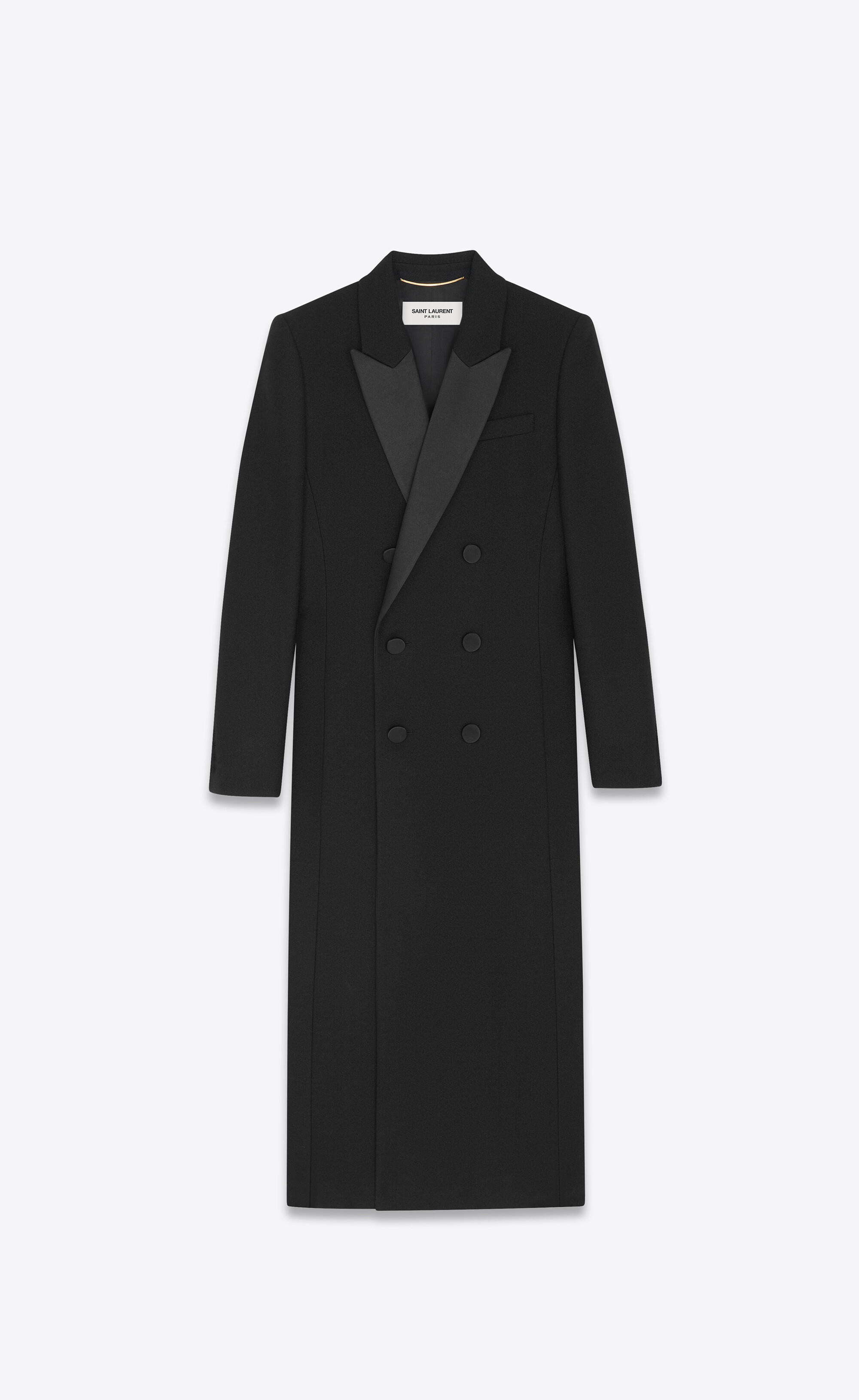 Double-breasted tuxedo coat in crepe wool | Saint Laurent | YSL.com