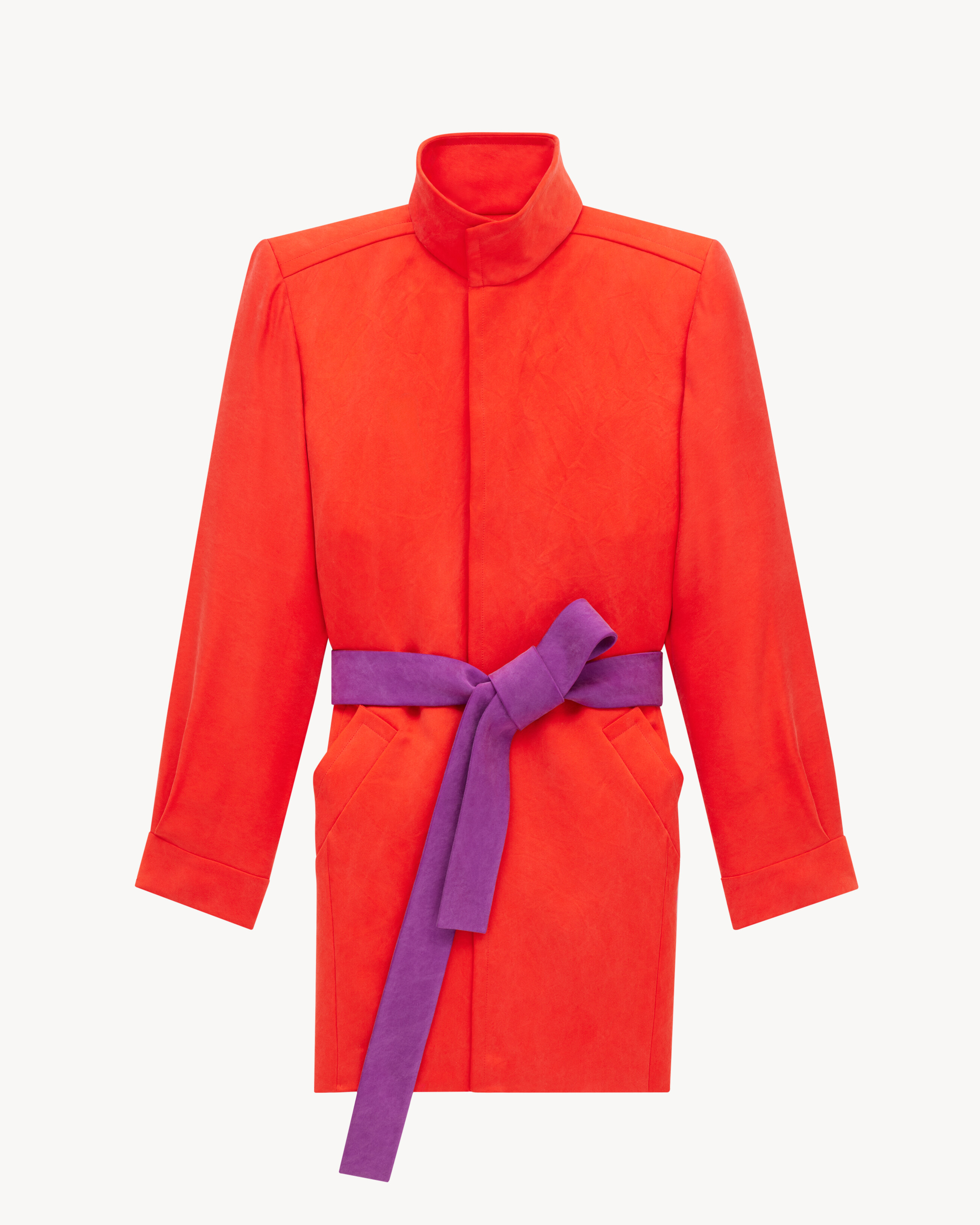 belted coat in stonewash silk satin