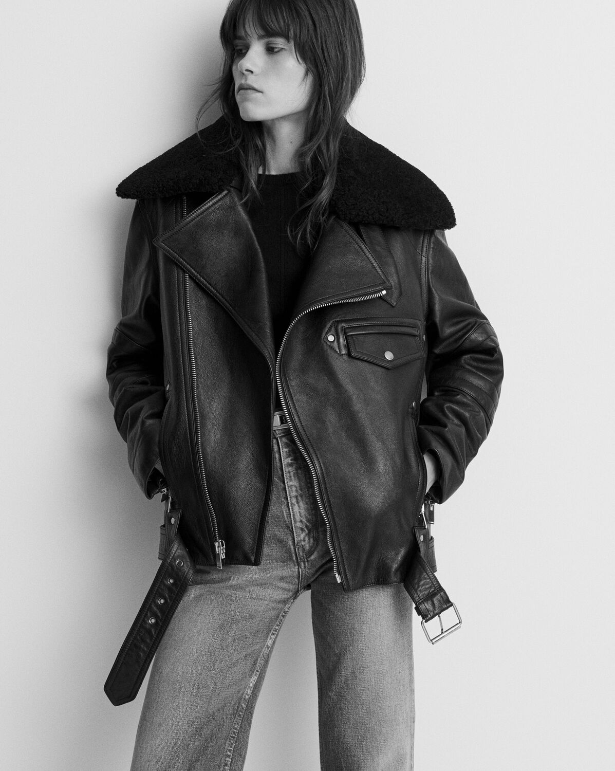 Veste biker en cuir vintage et en shearling