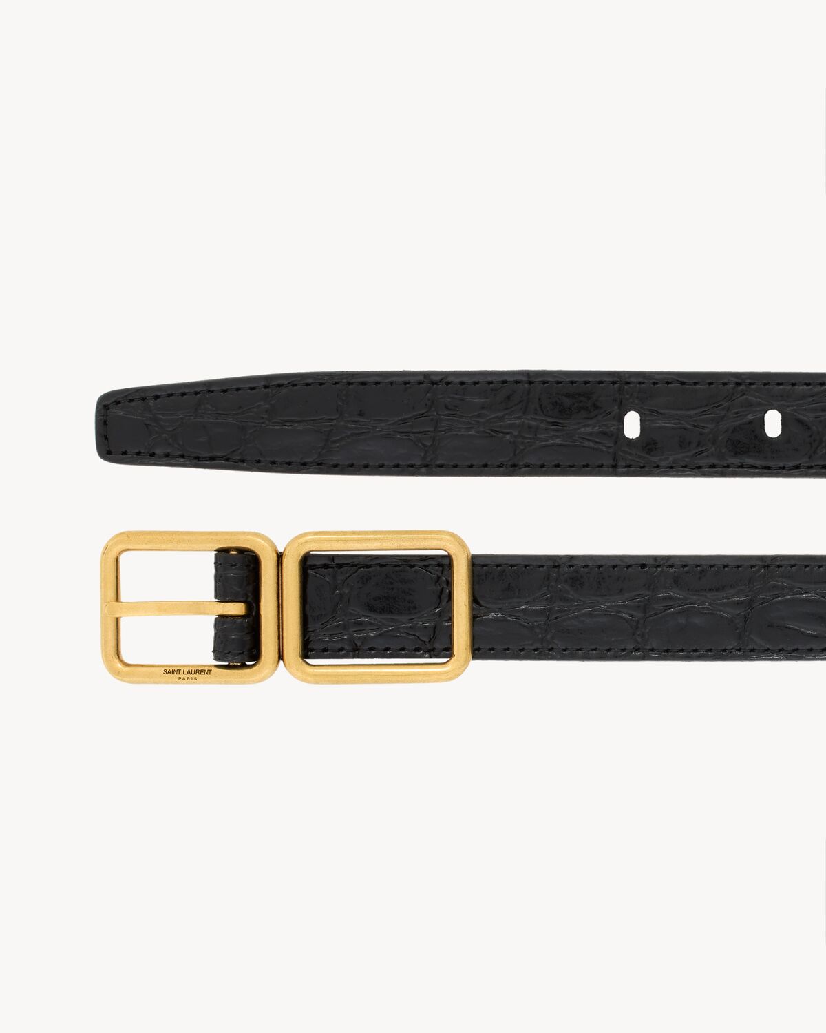 double buckle thin belt in crocodile-embossed leather
