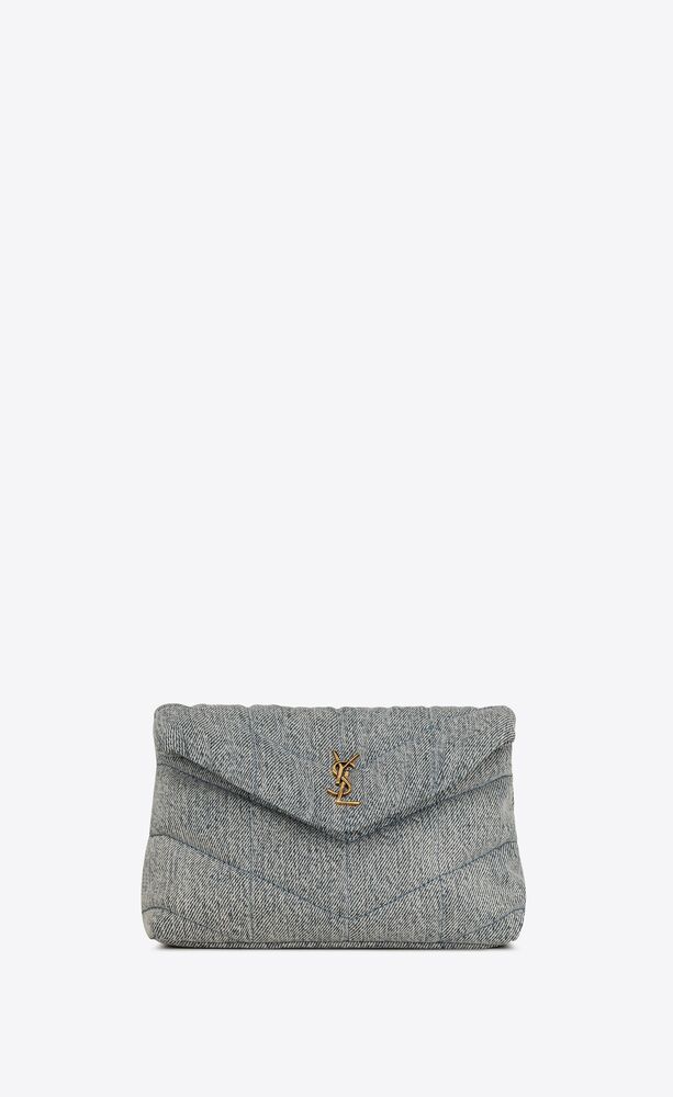 puffer small pouch in denim and smooth leather