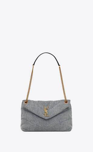puffer small chain bag in denim and smooth leather