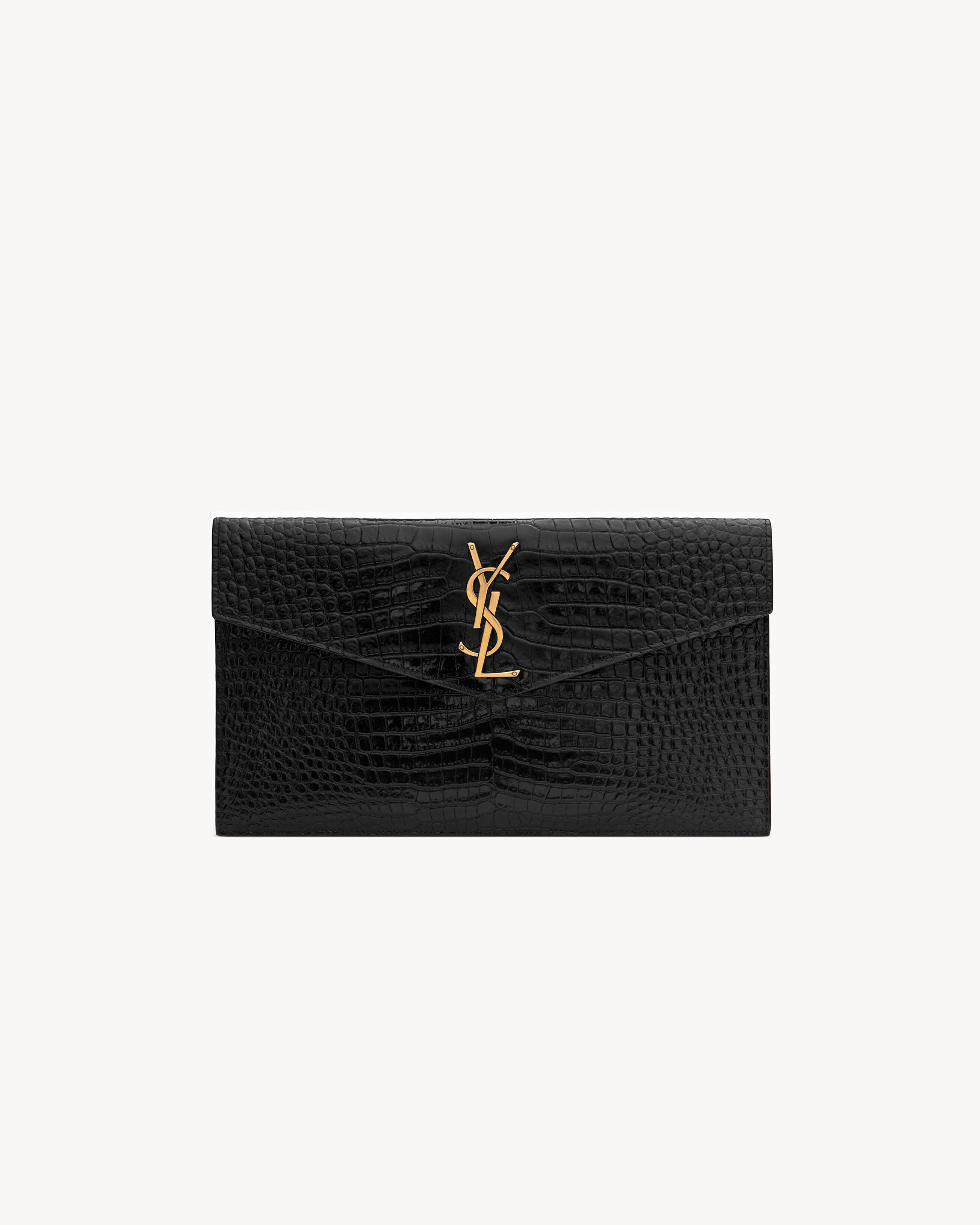 UPTOWN POUCH IN CROCODILE-EMBOSSED SHINY LEATHER in Black Saint