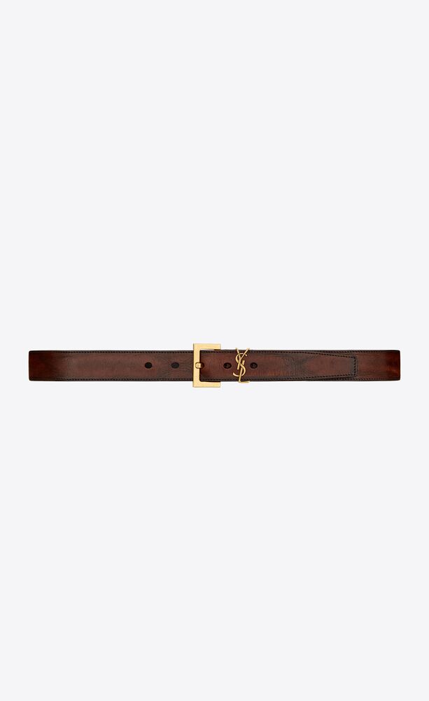 monogram belt with square buckle in aged raw leather