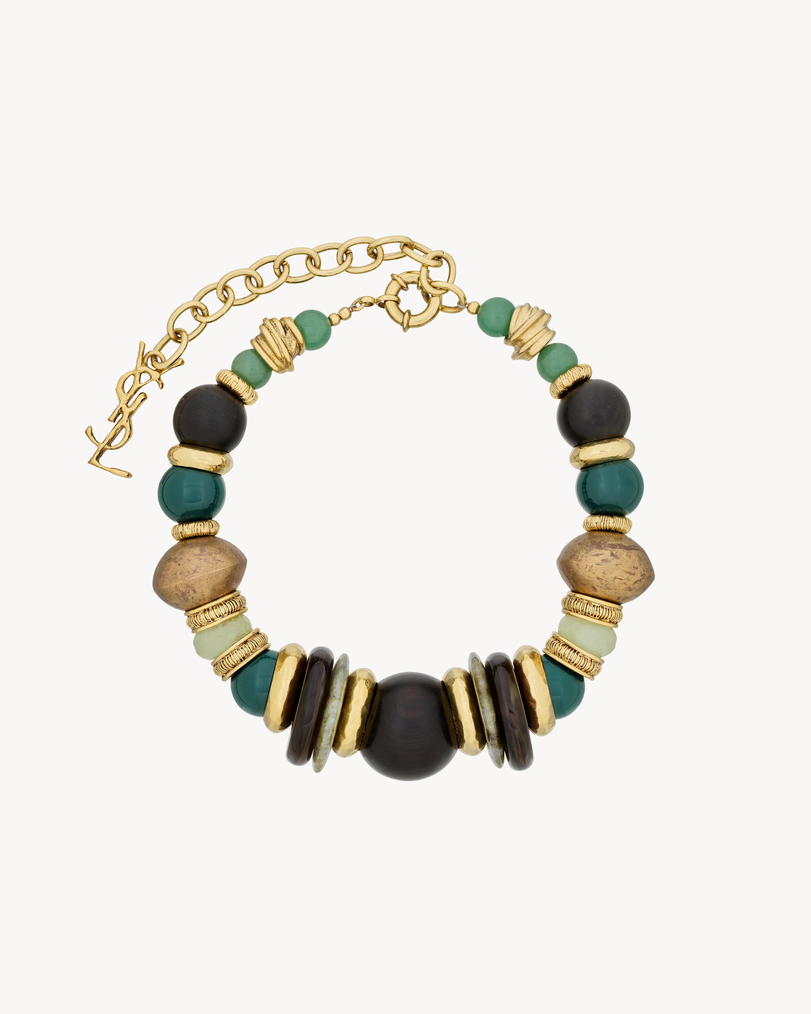 bead necklace in gemstones, wood, resin, and metal