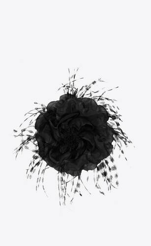 large flower brooch in silk and feathers