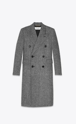 double-breasted long coat in herringbone wool